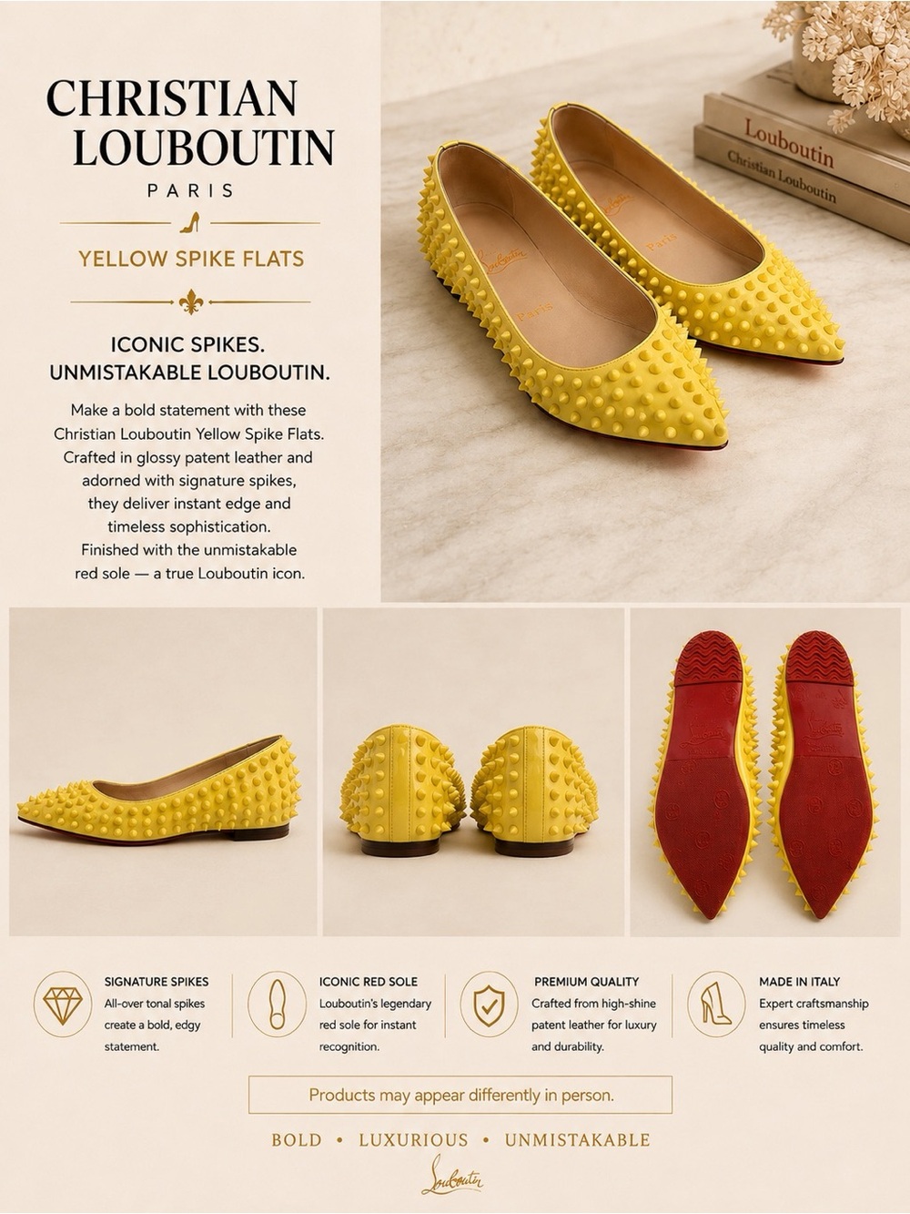 #S65 Christian Louboutin Pigalle Spikes Flats (Retail $1,095USD) Yellow Leather